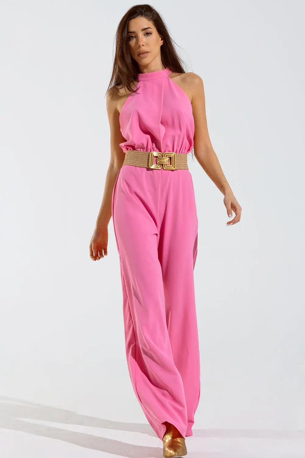 Pink jumpuits with top crossed and high collar - Jumpsuits