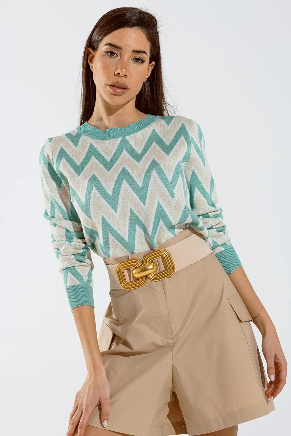 Turquoise sweater with zig zag print in Beige with white details - GREEN / ONE - Sweaters