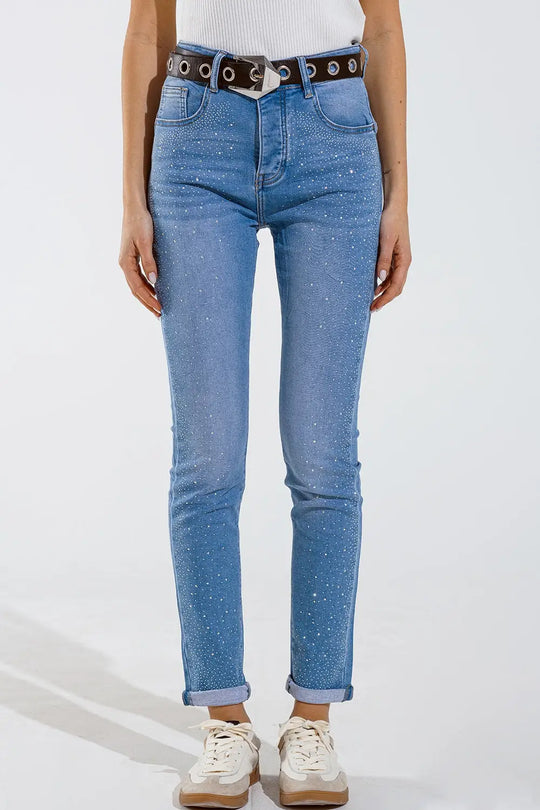 Skinny jeans in washed blue with strass all over the front