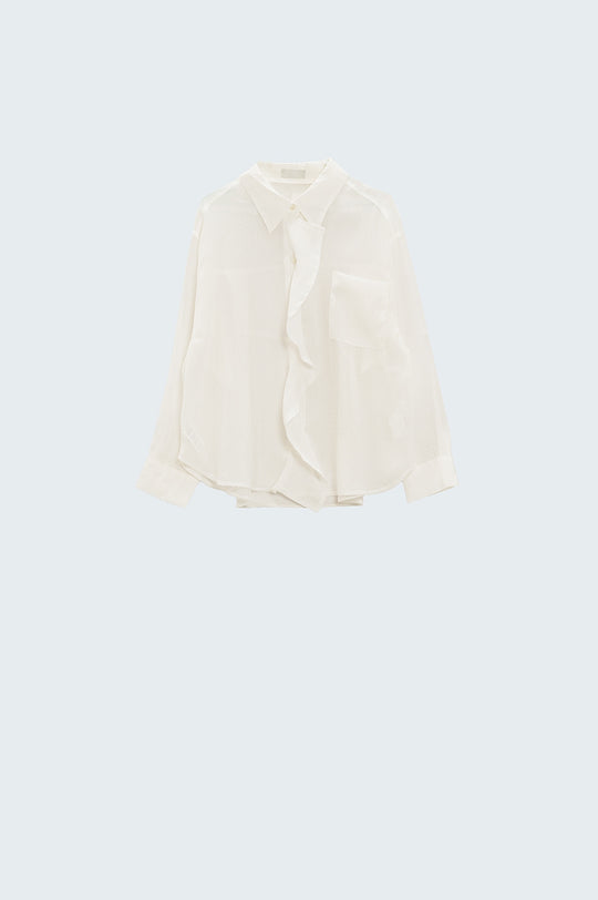 Semi Sheer White Blouse With Ruffle Detail Down The Front