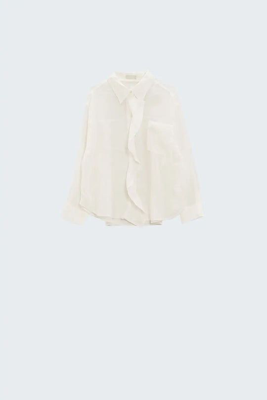 Semi Sheer White Blouse With Ruffle Detail Down The Front - Shirts