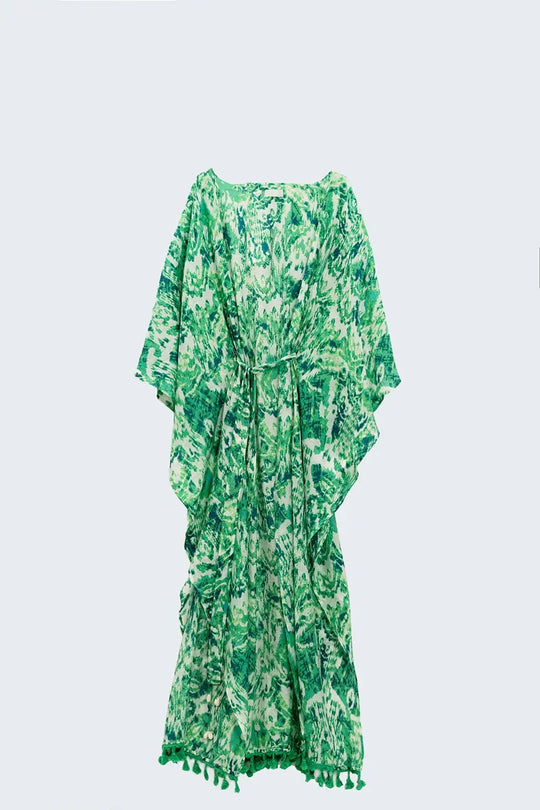 Green Long Kimono With Drawstring Closing in Tribal Print - GREEN / ONE - Dresses
