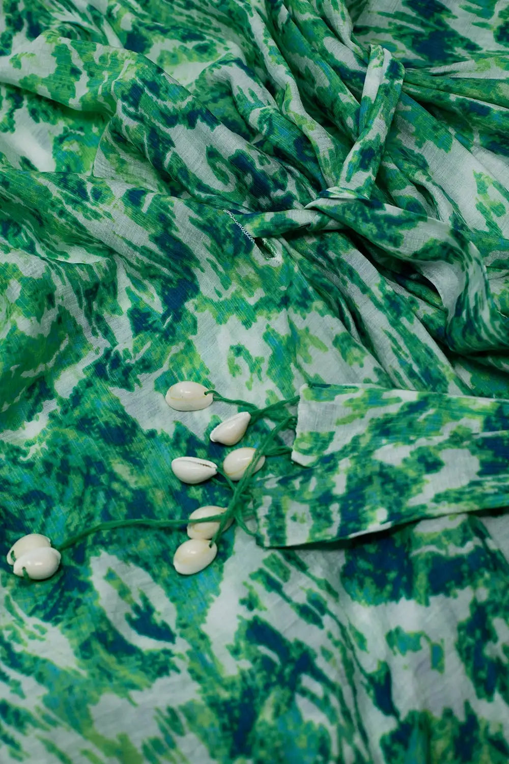 Green Long Kimono With Drawstring Closing in Tribal Print - GREEN / ONE - Dresses