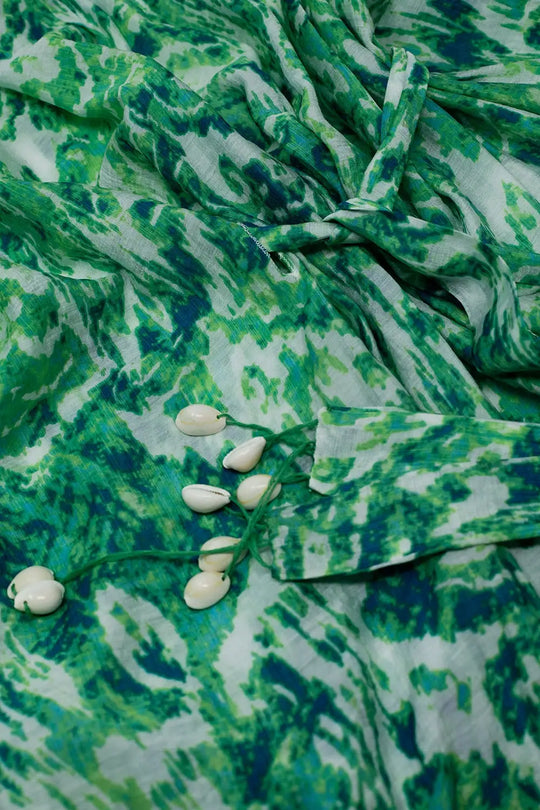 Green Long Kimono With Drawstring Closing in Tribal Print - GREEN / ONE - Dresses