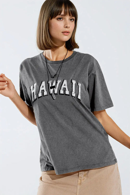 Washed Effect Hawaii T-Shirt In Grey - GRAY / ONE - T-Shirts