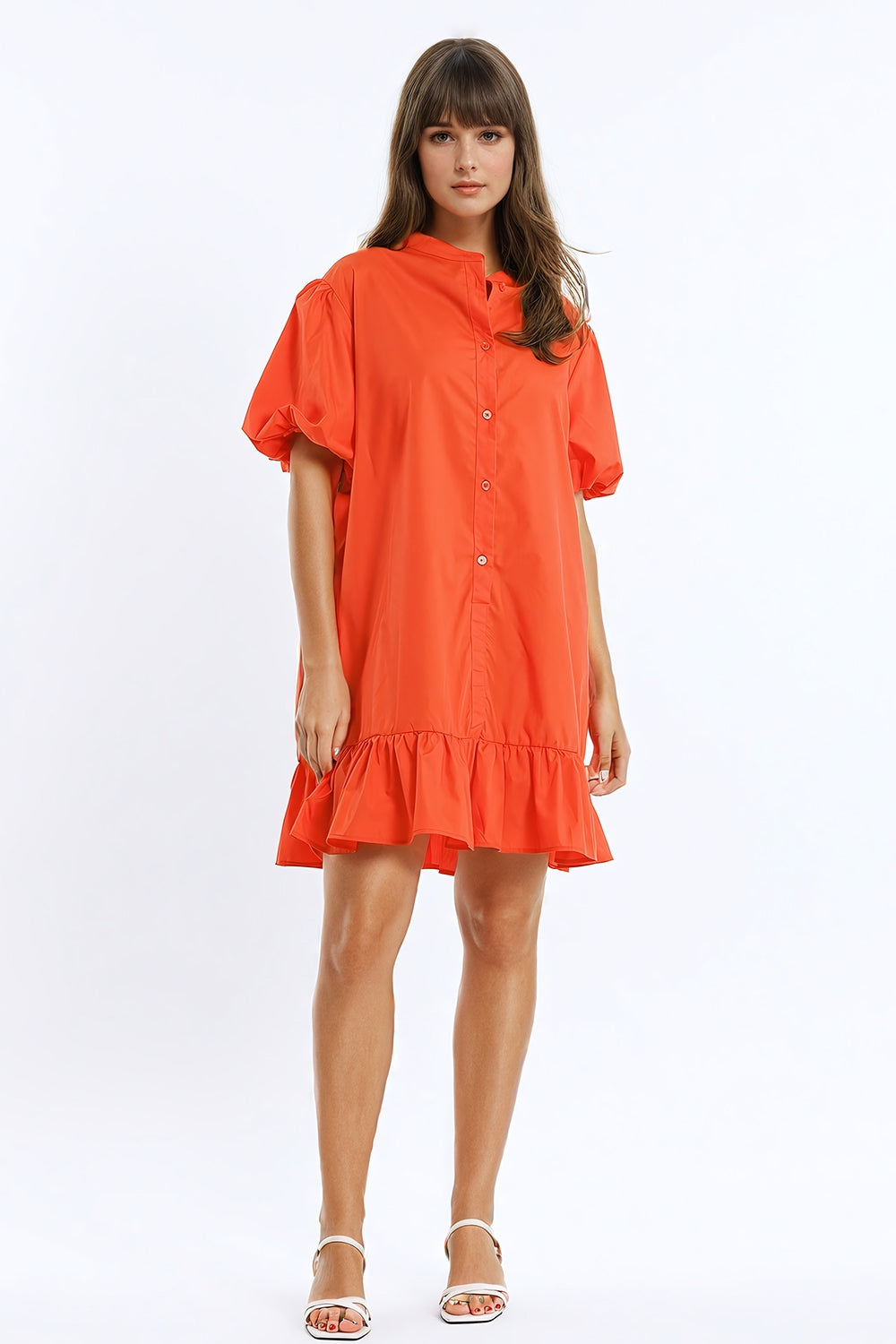 Relaxed Shirt Dress With Balloon Short Sleeves and Ruffle In Orange