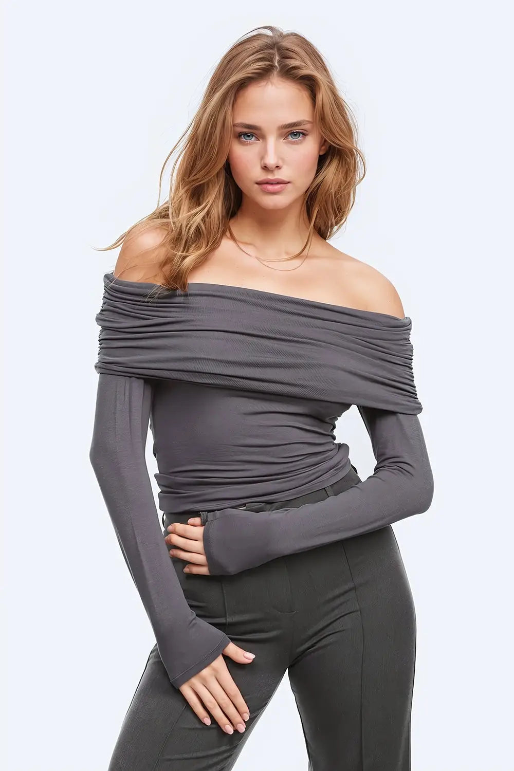 Bodycon Off Shoulder Top In Grey - T-Shirts Tops