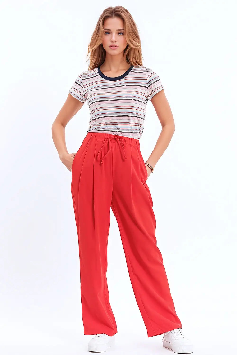 Pants In Coral With Front Pockets And Drawstring Closing - Pants