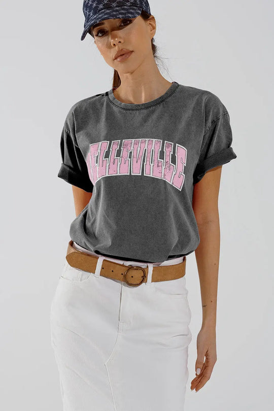 Grey Crew Neck T-shirt With Belleville text - GRAY / ONE - T-Shirts
