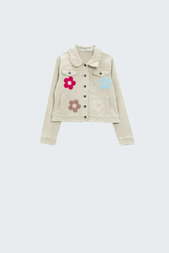 Beige Denim Jacket With Embroided Flowers - Jackets
