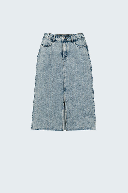 Light Denim Midi Skirt With Front Slit And Diamante Embellishment