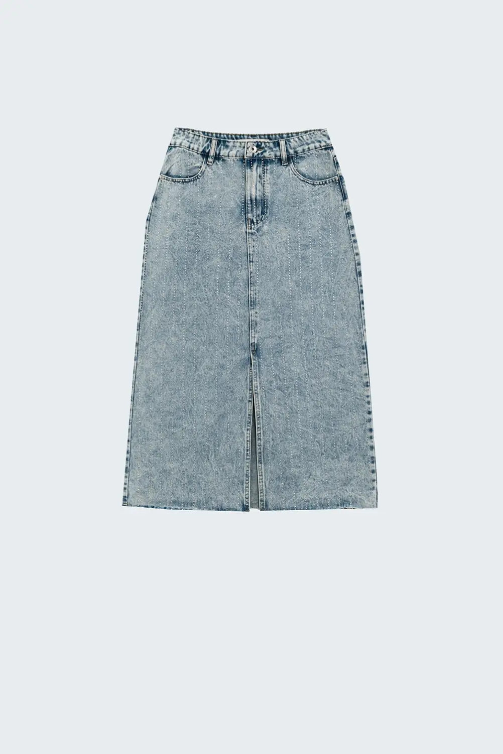 Light Denim Midi Skirt With Front Slit And Diamante Embellishment - Skirts