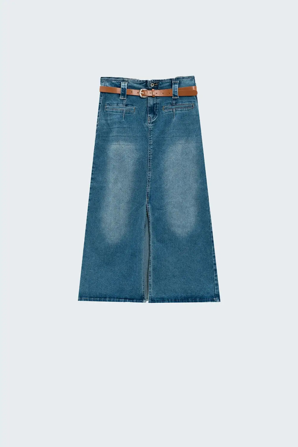 Midi Denim Skirt In Blue With Front Split - Skirts