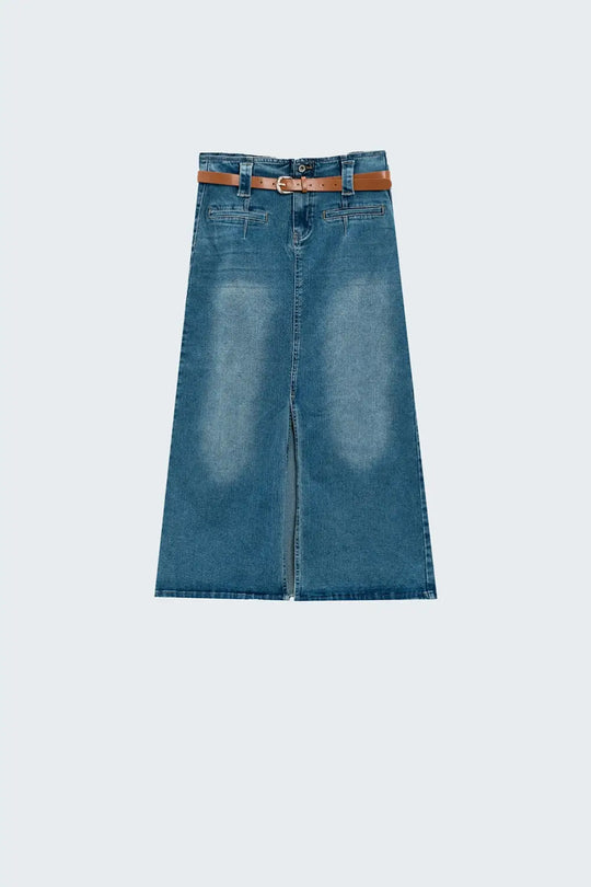 Midi Denim Skirt In Blue With Front Split - Skirts