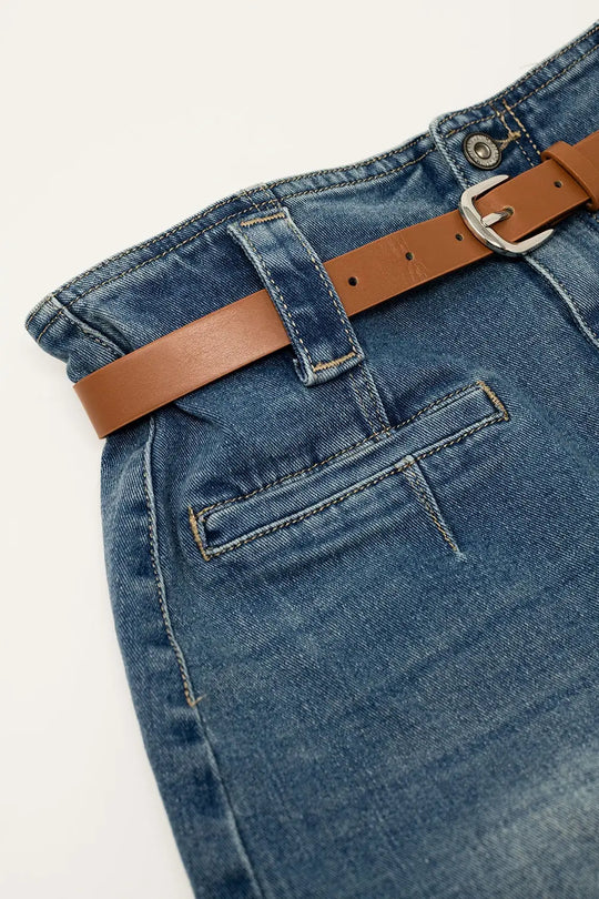 Midi Denim Skirt In Blue With Front Split - Skirts