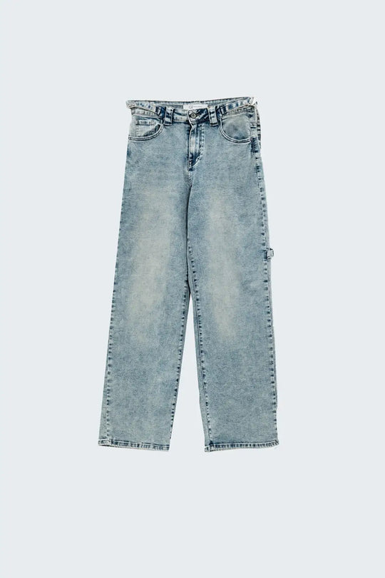 Cargo Style Bleached Jeans With Belt Like Strap Details At The Waist