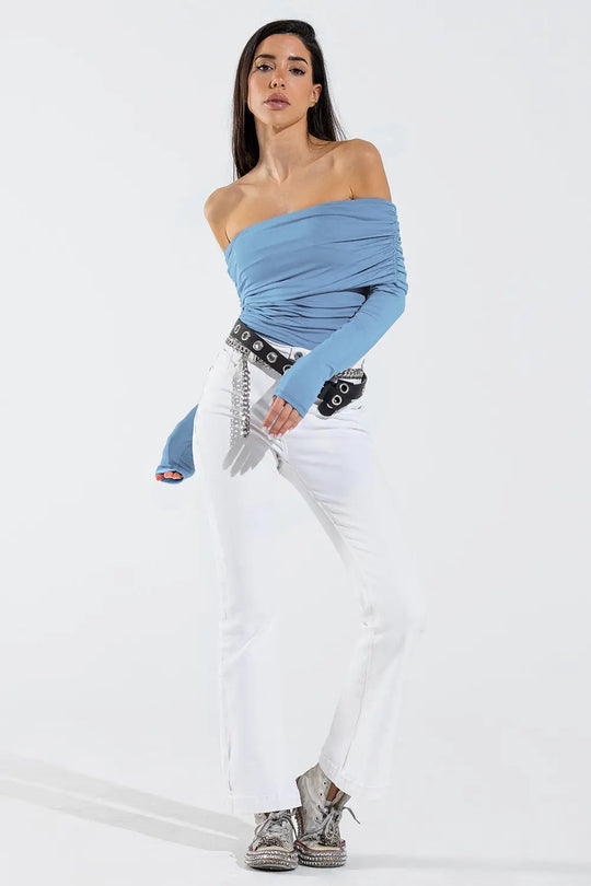 Bodycon Off Shoulder Top In Light Blue - Tops