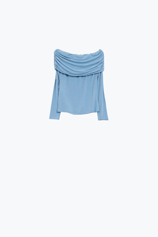 Bodycon Off Shoulder Top In Light Blue - Tops