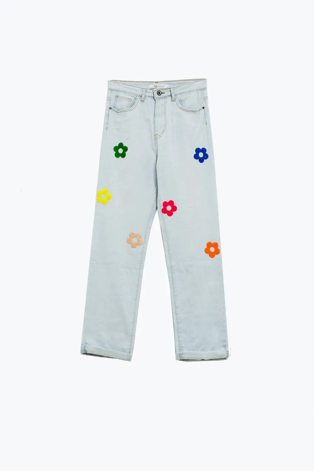 Bleached Relaxed Jeans With Multicolor Floral Design