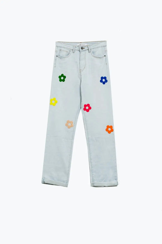 Bleached Relaxed Jeans With Multicolor Floral Design