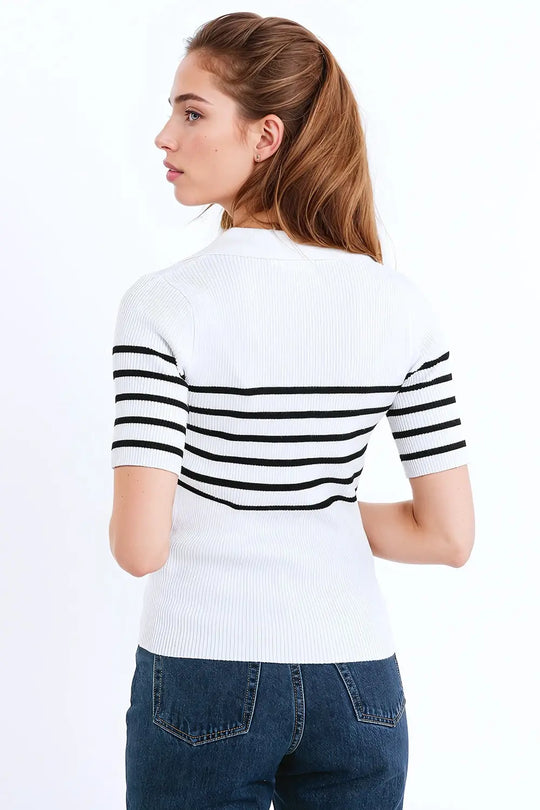 Striped polo with button detail in white - Sweaters