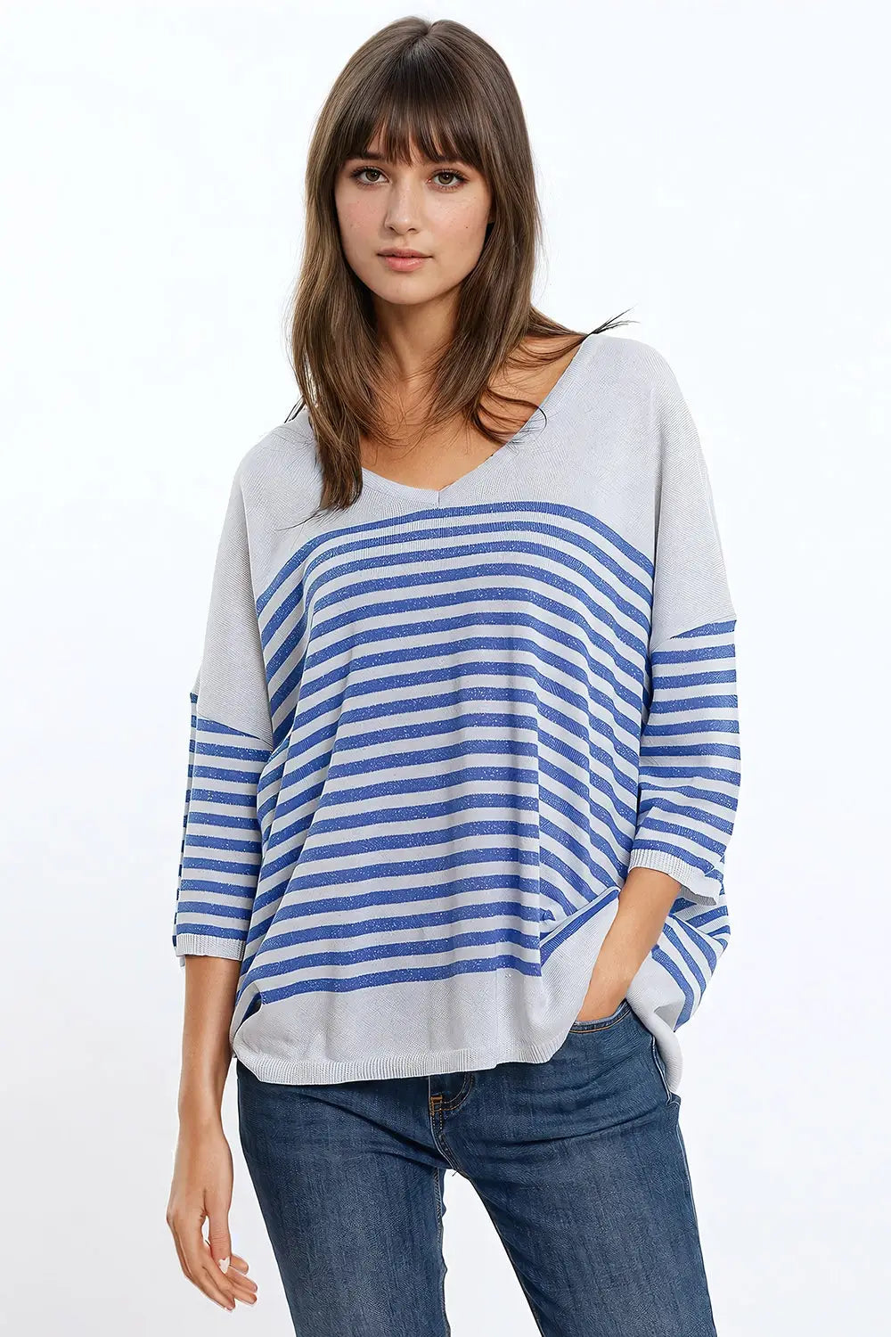 Oversized Grey sweater with blue stripes and V-neck - BLUE / ONE - Sweaters
