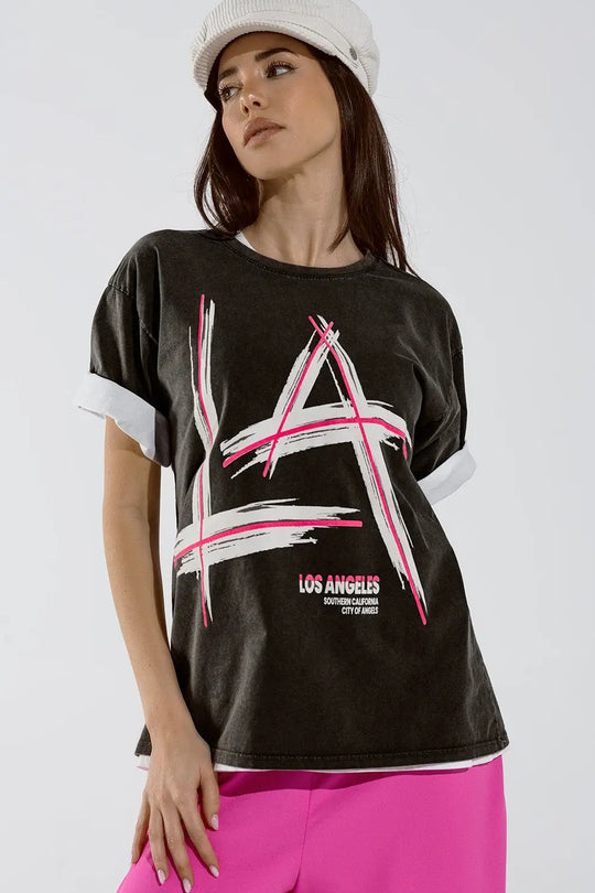 Black Relaxed t-shirt printed LA Los Angeles logo - BLACK / ONE - T-Shirts