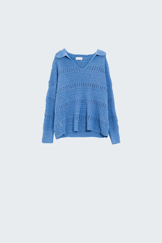 Crochet Knitted Jumper In V-neck With Polo Collar in Blue - Sweaters