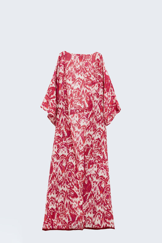 Red Long Kimono With Drawstring Closing in Tribal Print