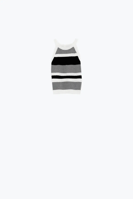 Black and White Halter Tank top With Stripe Design In Different Knits - WHITE / ONE - Sweaters