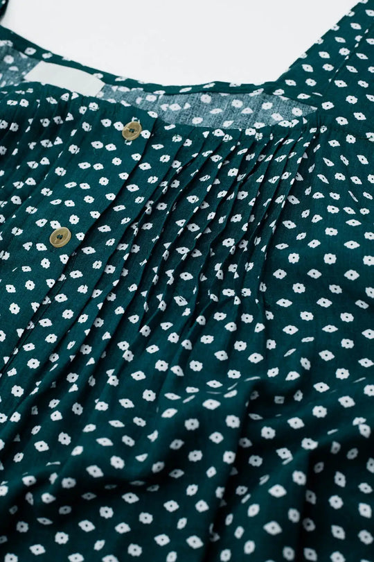 Button Up Blouse With Frilly Short Sleeves and Flower Print in Green - Tops