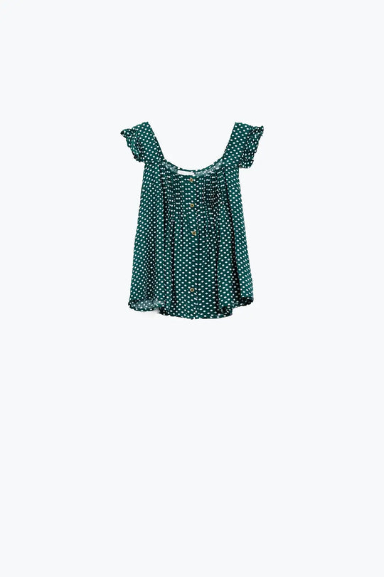 Button Up Blouse With Frilly Short Sleeves and Flower Print in Green - Tops