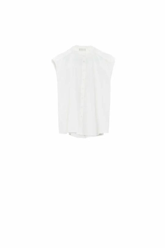 Mao Collar Sleeveless White Button up Blouse - Shirts