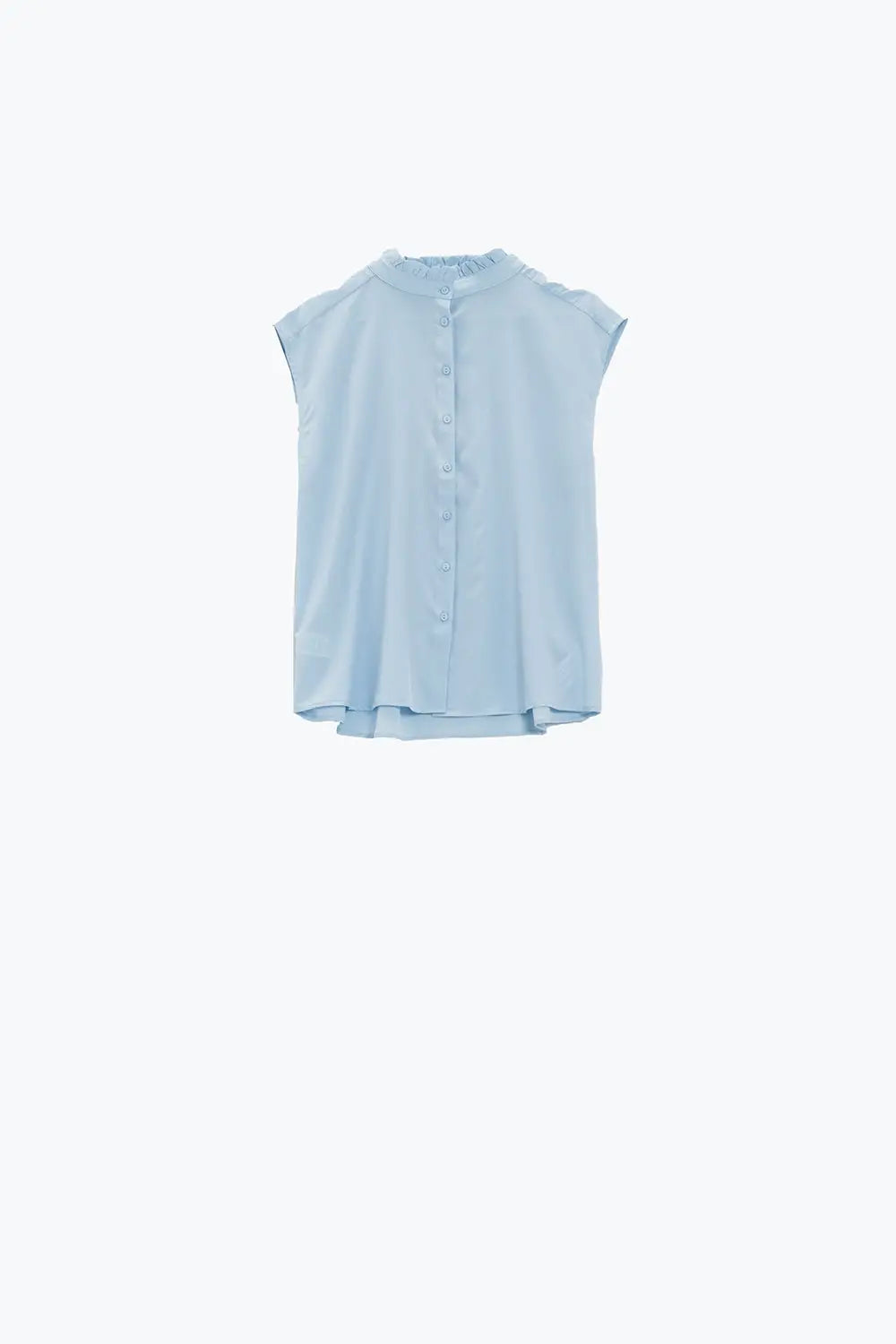 Mao Collar Sleeveless Blue Button up Blouse - Shirts