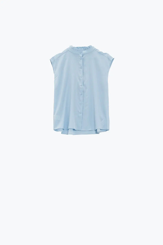Mao Collar Sleeveless Blue Button up Blouse - Shirts