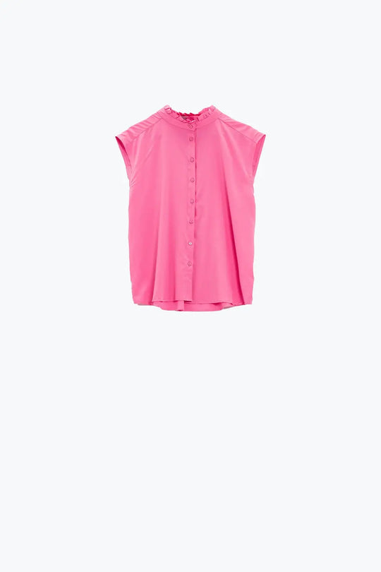 Mao Collar Sleeveless Pink Button up Blouse - Shirts
