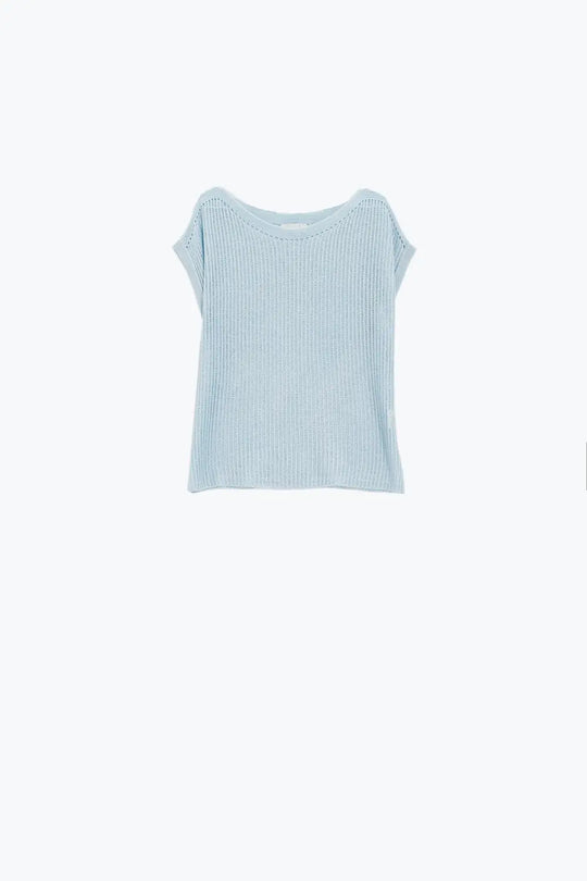 Boat Neck Ribbed Sweater With Cap Sleeves in blue - BLUE / ONE - Sweaters