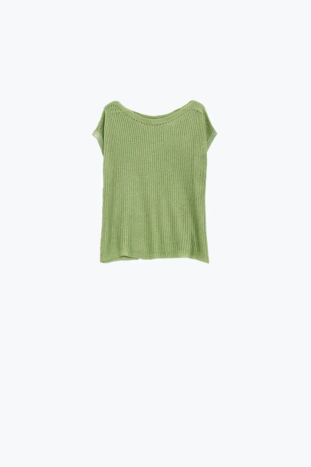 Boat Neck Ribbed Sweater With Cap Sleeves in Green - GREEN / ONE - Sweaters