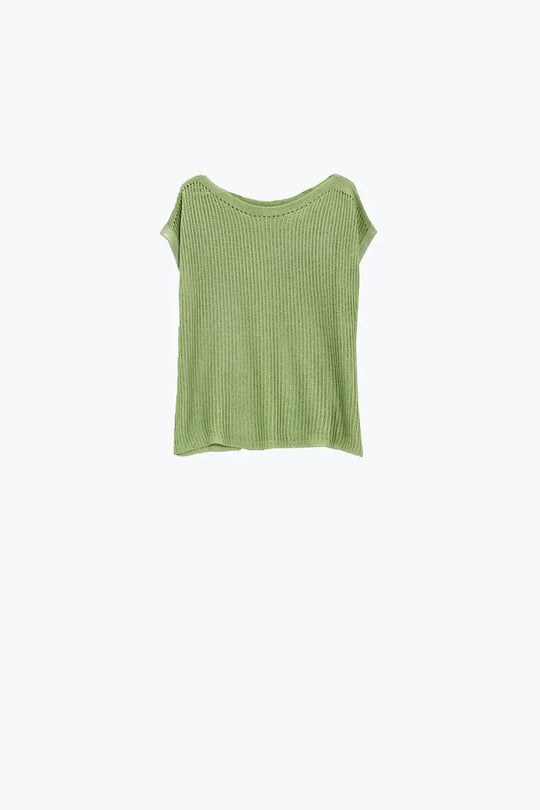 Boat Neck Ribbed Sweater With Cap Sleeves in Green - GREEN / ONE - Sweaters