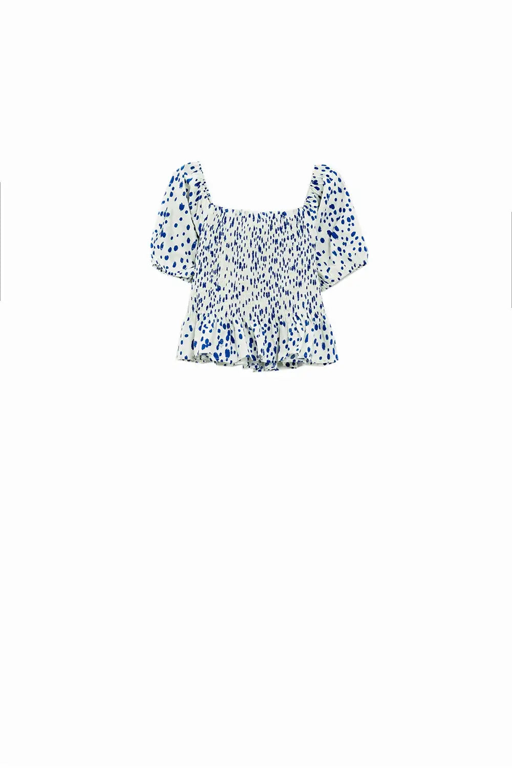 Peplum Shirred White Blouse With Blue Polka Dots - Tops