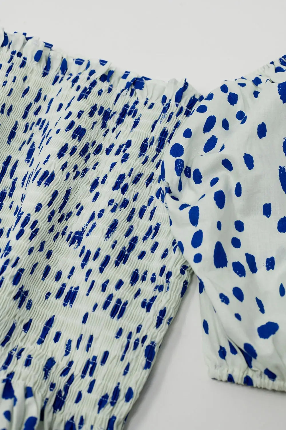 Peplum Shirred White Blouse With Blue Polka Dots - Tops