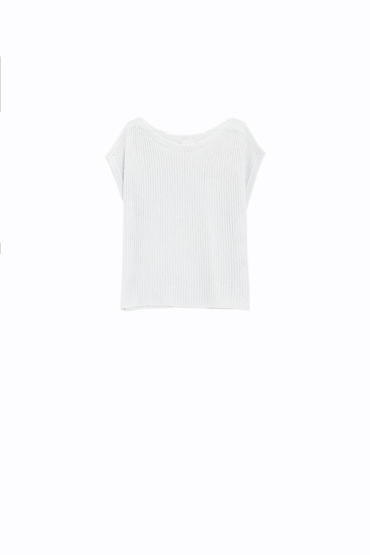 Boat neck ribbed sweater with cap sleeves in white