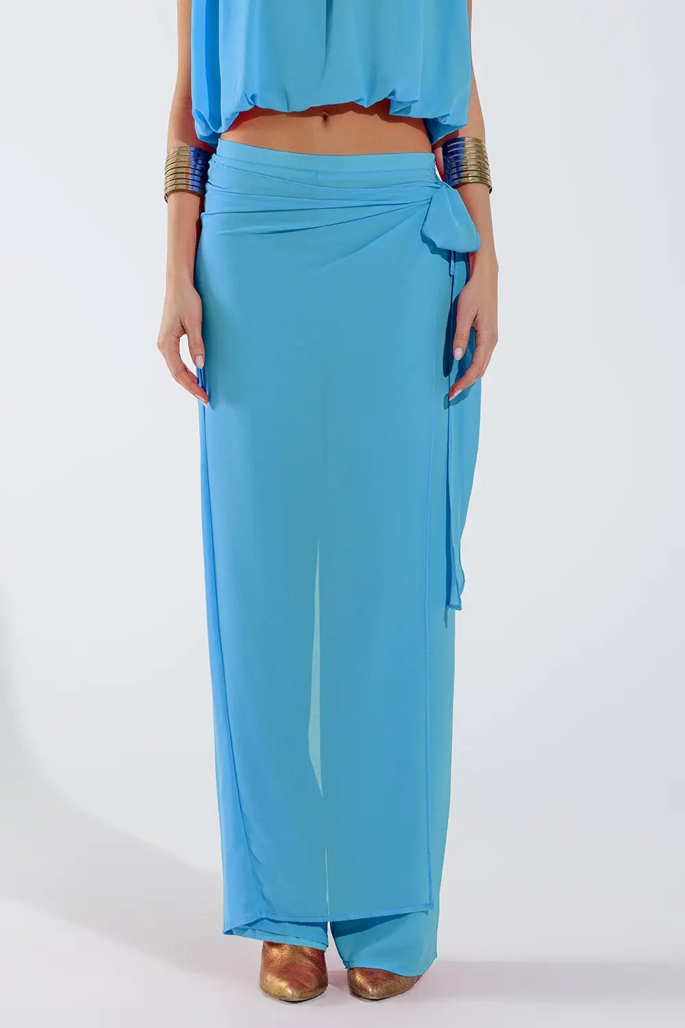 Wide Light blue Pants Overlay Skirt Tied At The Side - Pants