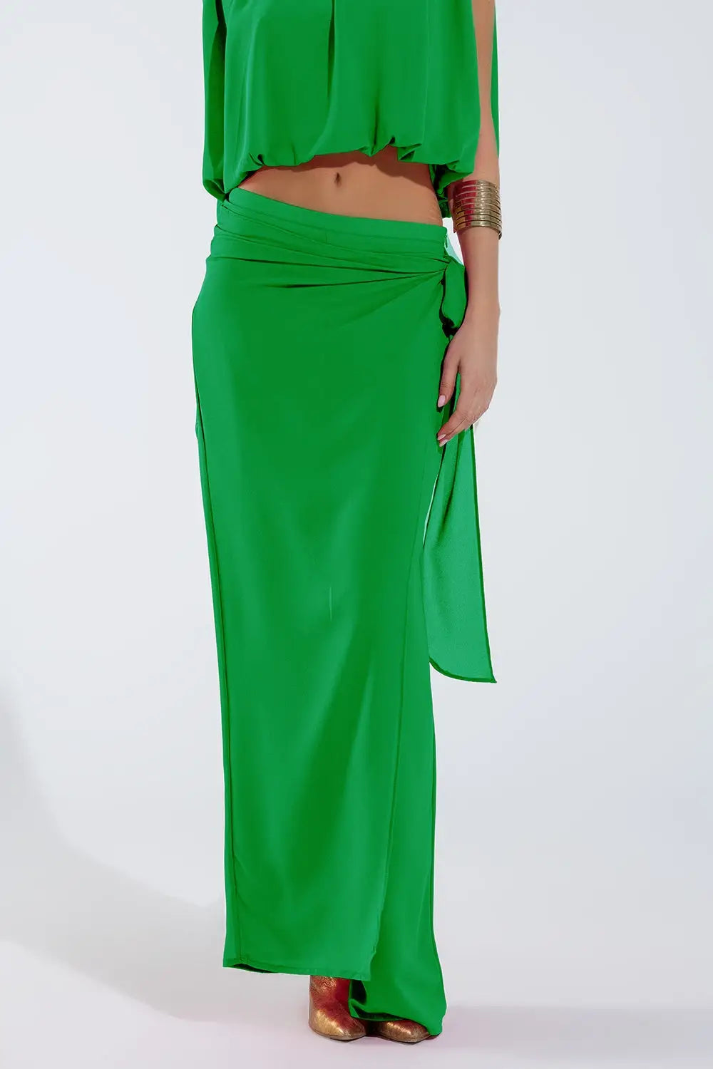 Wide green Pants Overlay Skirt Tied At The Side - Pants