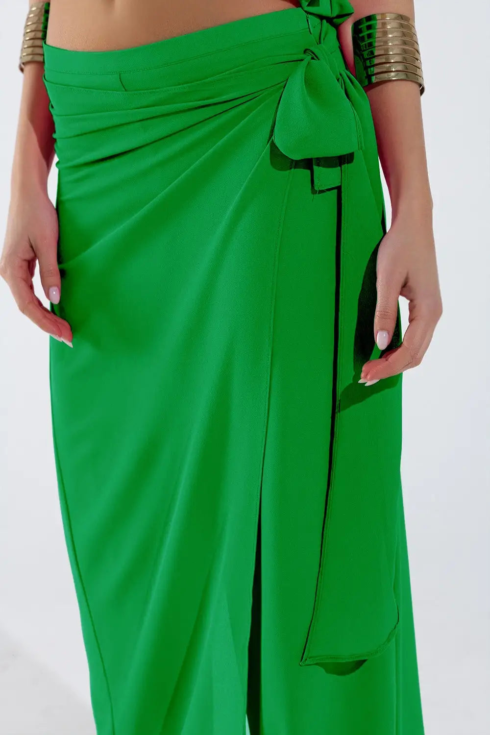 Wide green Pants Overlay Skirt Tied At The Side - Pants
