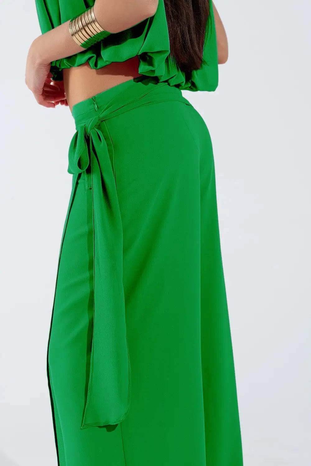 Wide green Pants Overlay Skirt Tied At The Side - Pants