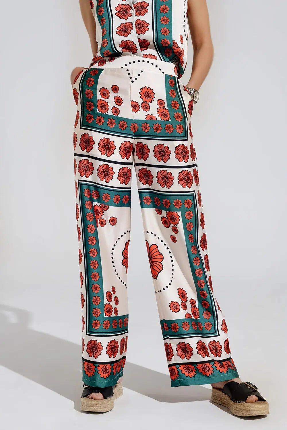 Satin Creme Flared Pants With Floral Design - Pants