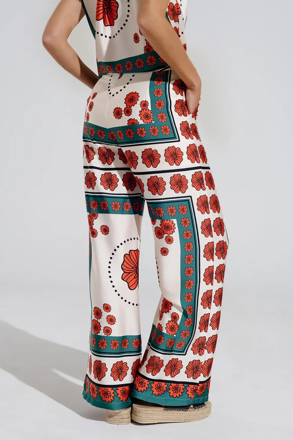 Satin Creme Flared Pants With Floral Design - Pants