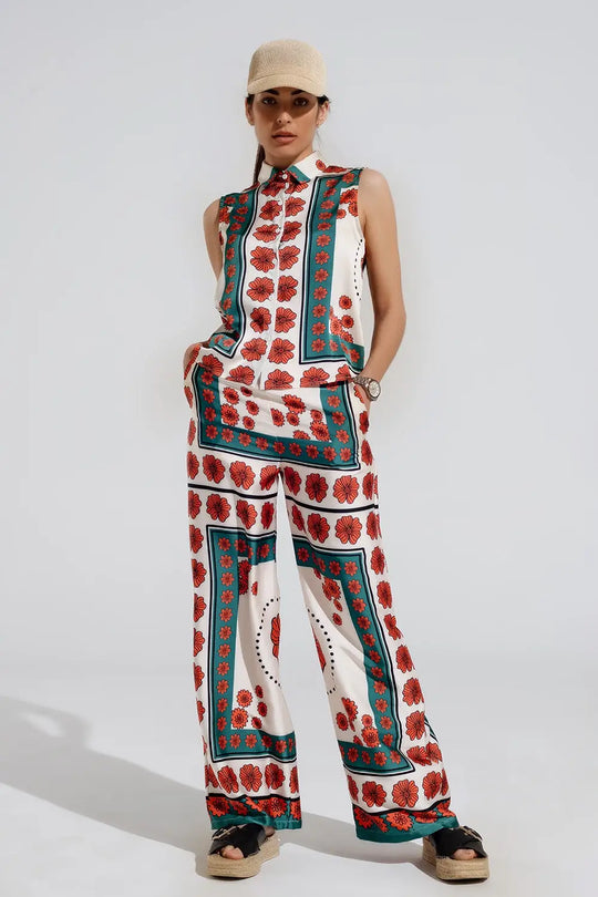 Satin Creme Flared Pants With Floral Design - Pants