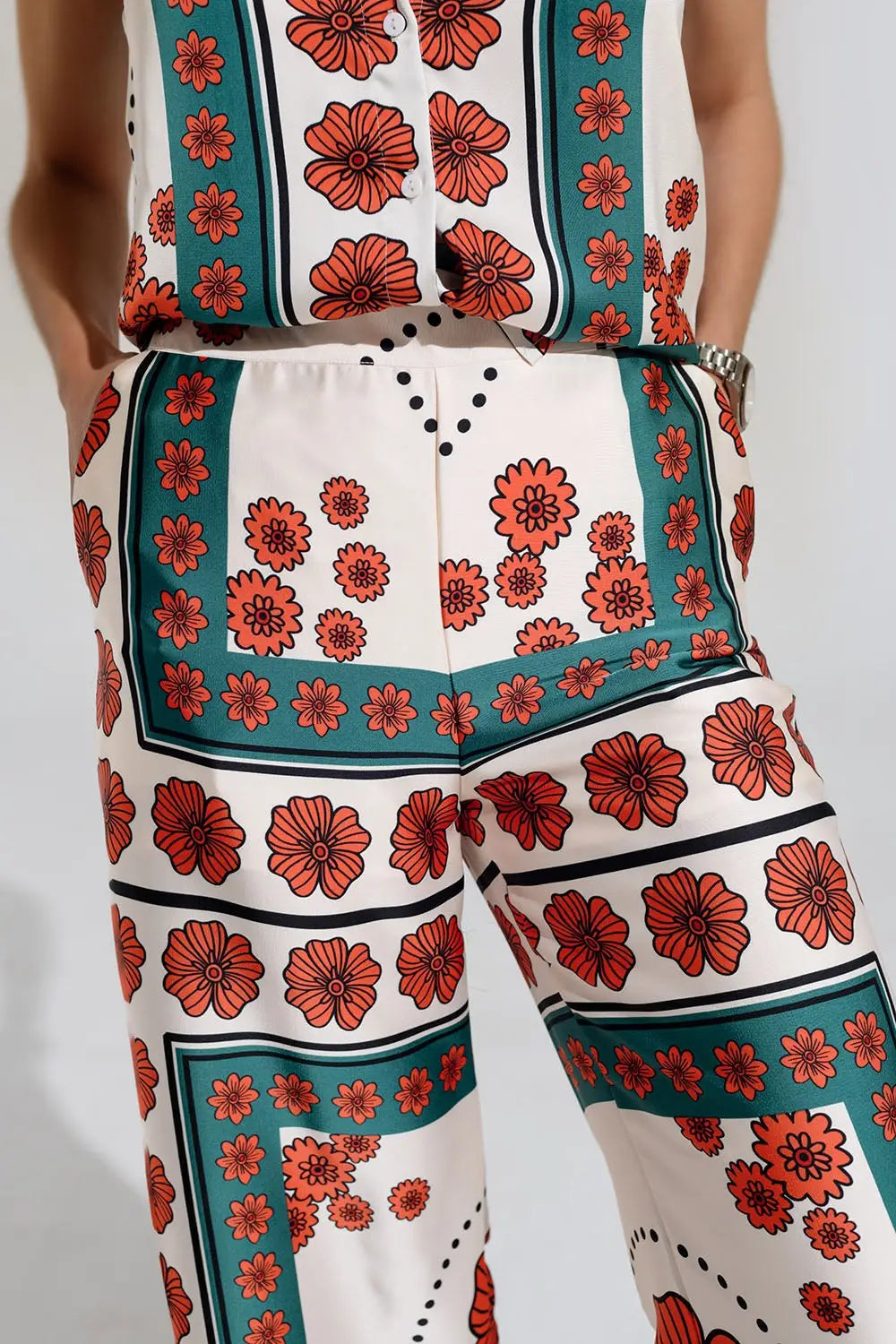 Satin Creme Flared Pants With Floral Design - Pants